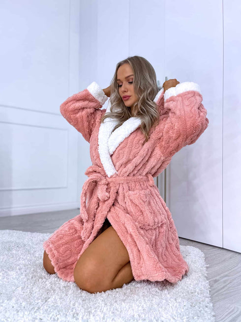 Fluffy Robe with Cable Knit Pattern - PINK